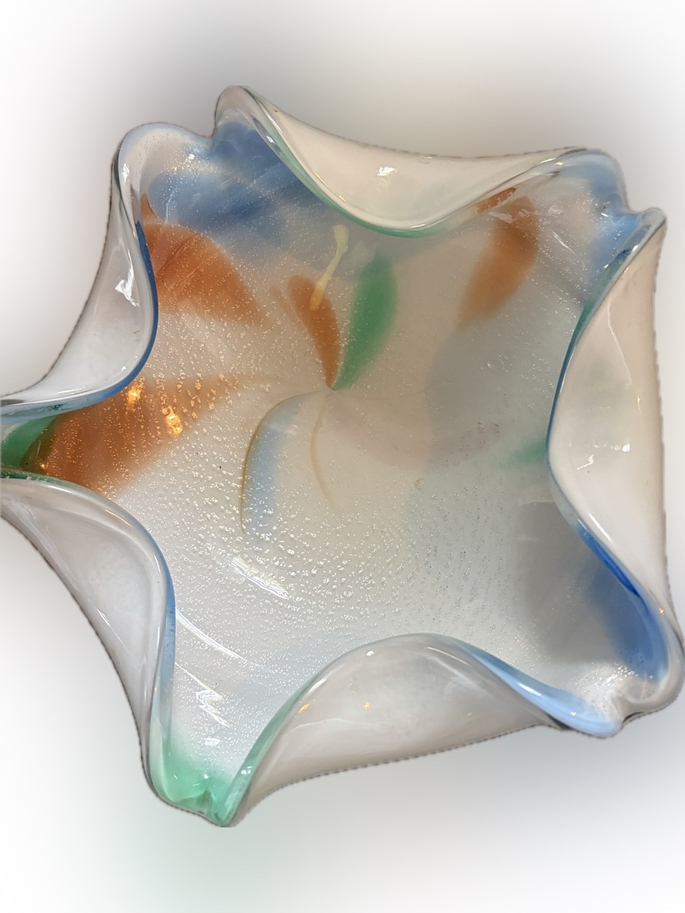 MCM MURANO 9” Art Glass Bowl with Blue, Green & Silver Accents